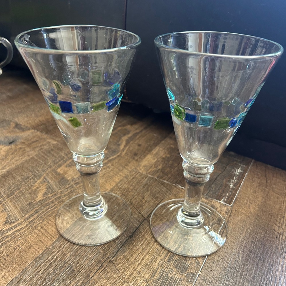 Global Amici Harlequin II Blue Green Mosaic Tile Water Goblets Set of 2 8.5"
